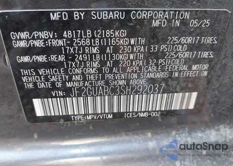 2025 Subaru Crosstrek from USA, damaged, VIN JF2GUABC3SH292037